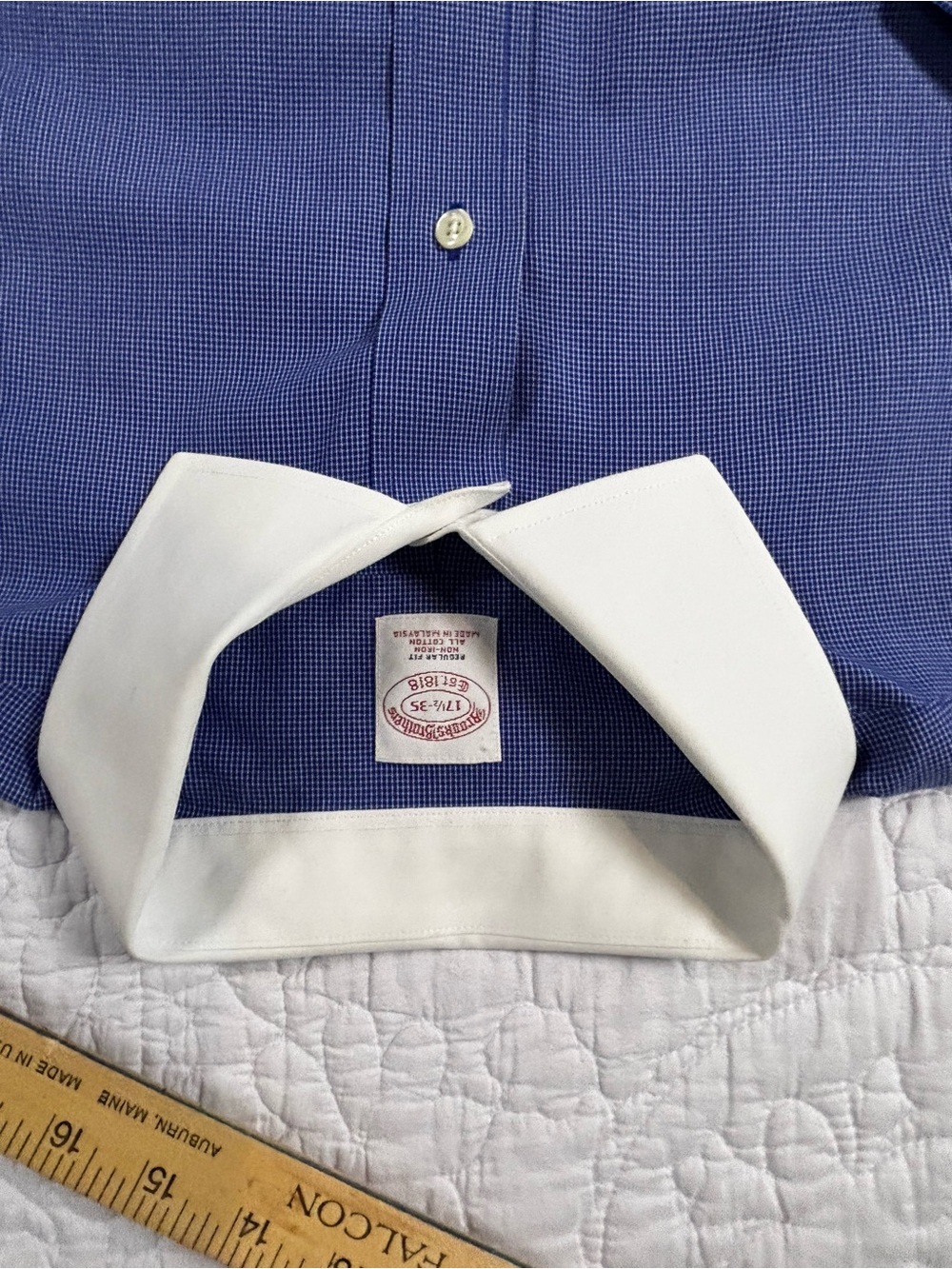 Brooks Brothers Blue Micro-Check Dress Shirt with White Contrast Collar